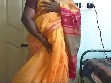 desi  indian horny tamil telugu kannada malayalam hindi cheating wife vanitha wearing orange colour saree  showing big boobs and shaved pussy press hard boobs press nip rubbing pussy masturbation