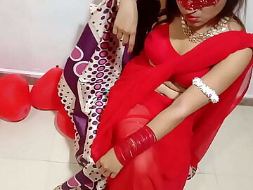 Newly Married Indian Wife In Red Sari Celebrating Valentine With Her Desi Husband